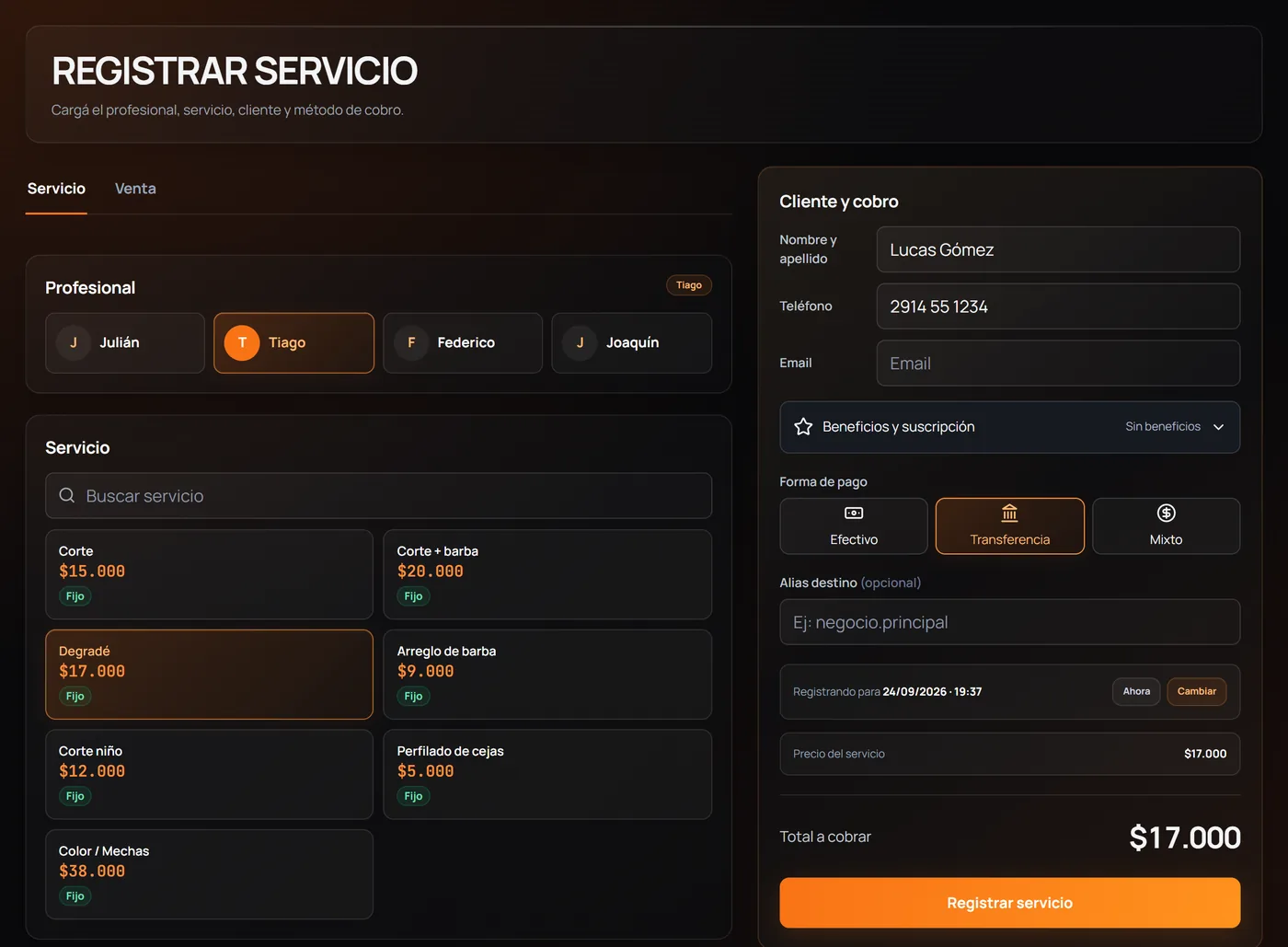 Formulario para registrar un servicio con barbero, servicio, cliente y forma de pago